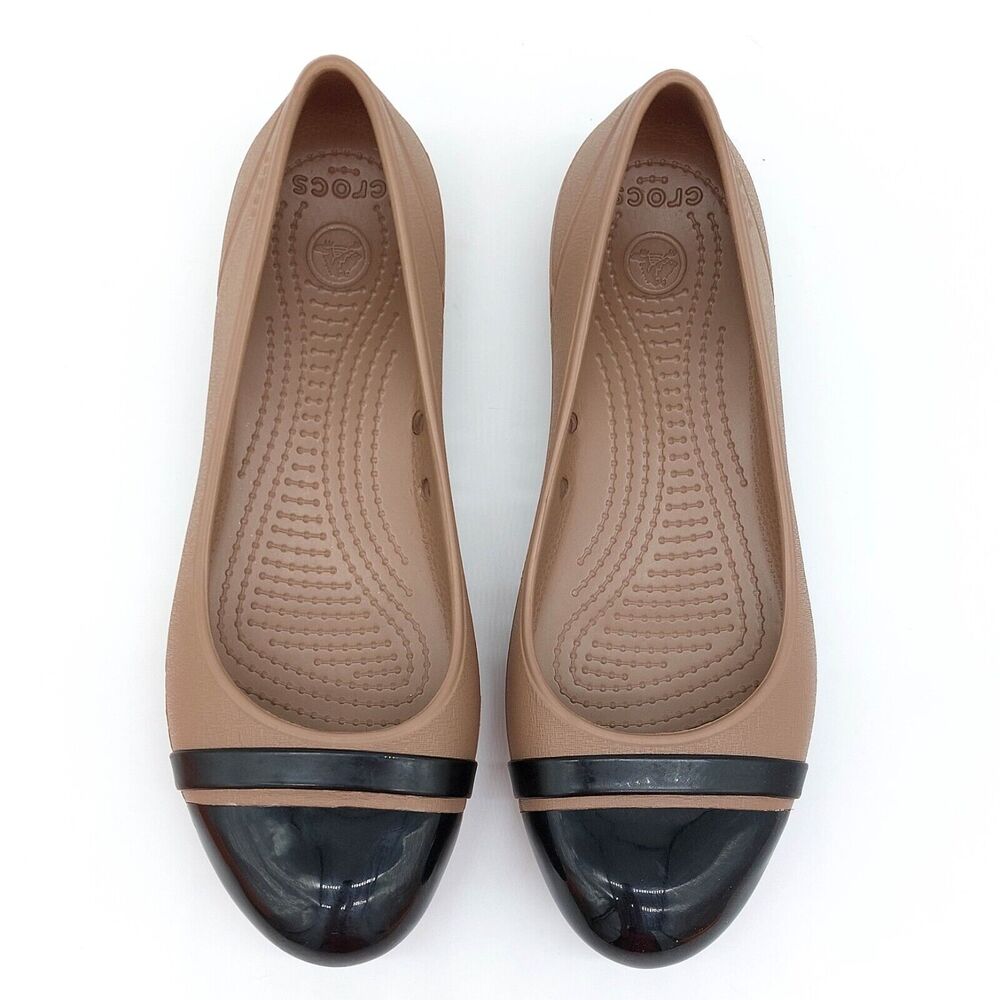 Crocs Flats Shoes Womens Sz 6 Round Toe Brown Black Colorway Cap Toe Comfort